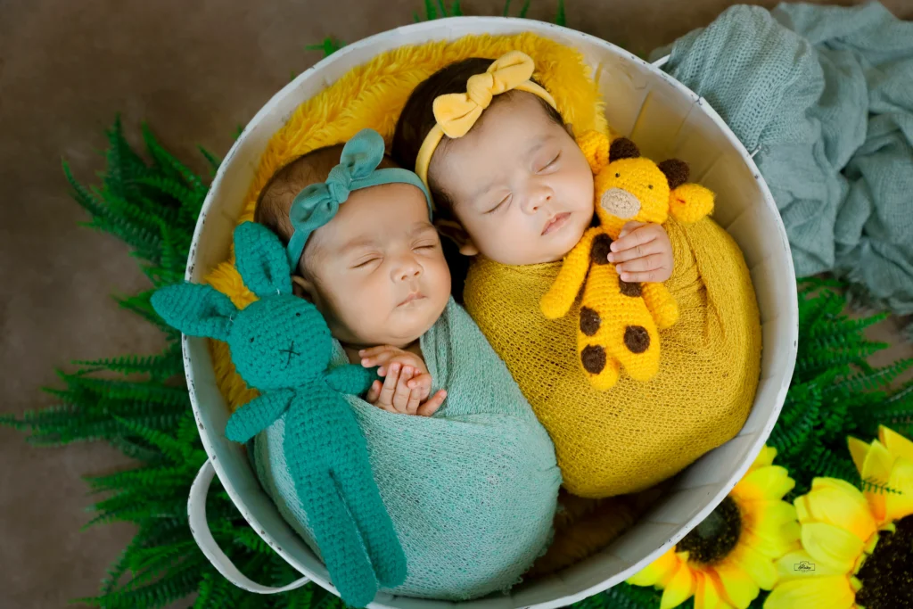 Two newborns sleeping in a basket with sunflowers and teddy's.