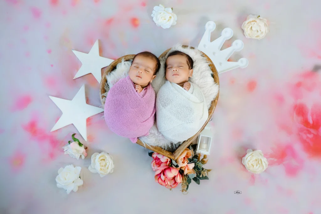 Two newborn babies in a heart shaped basket.